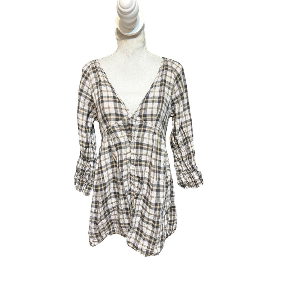 Free People x CP Shades Sofiya Plaid Linen Tunic Dress Small Tan Brown Boho